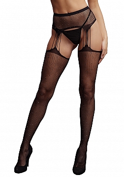 Suspender Rhinestone Pantyhose - Black - O/S