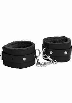 Ouch! Plush Leather Hand Cuffs - Black
